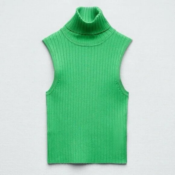 Ribbed turtleneck knit high neck tank top sleeveless mock sweater green stretch - Picture 2 of 8